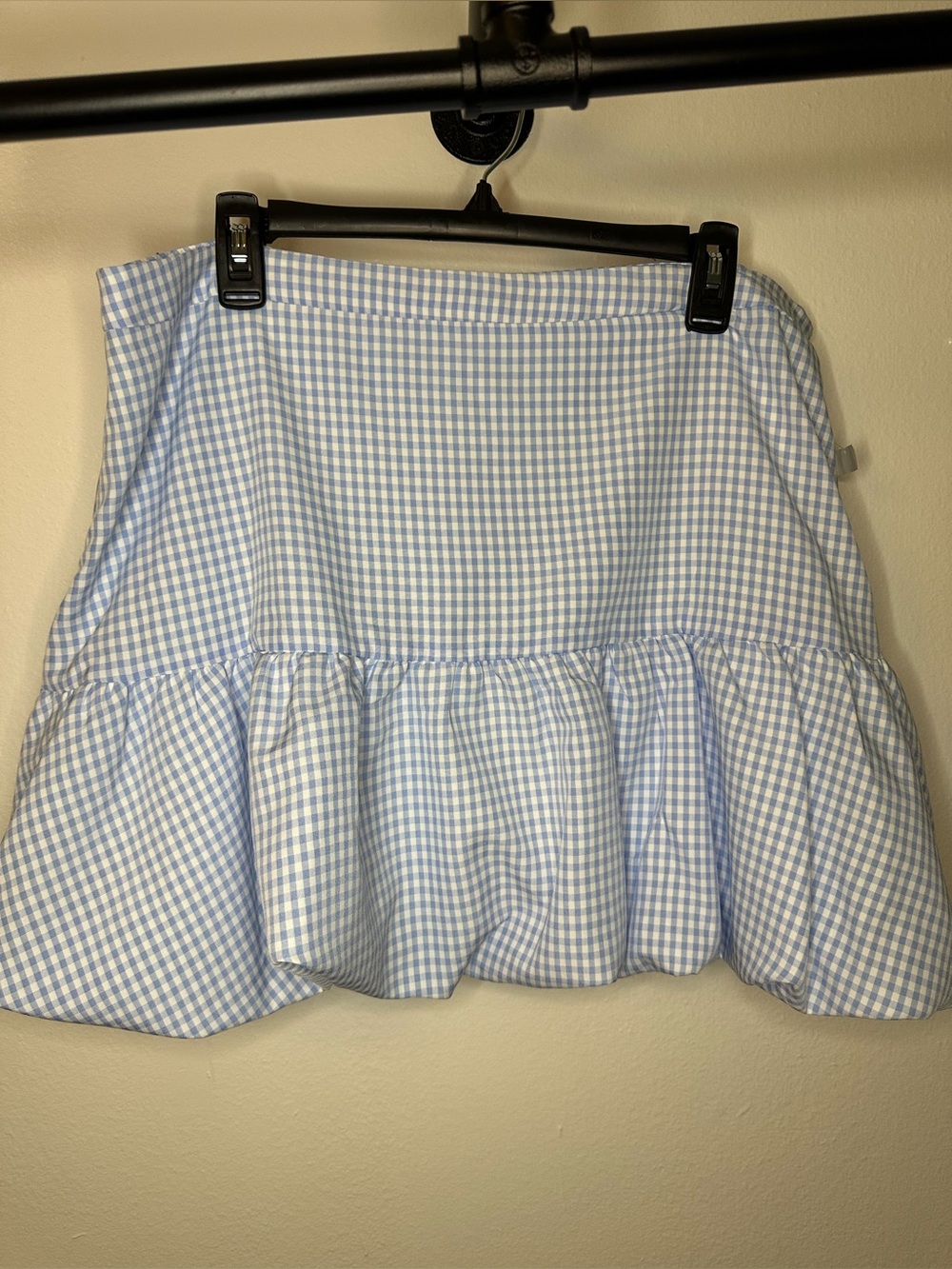 Astr Light Blue Gingham Ruffle Skater Skirt